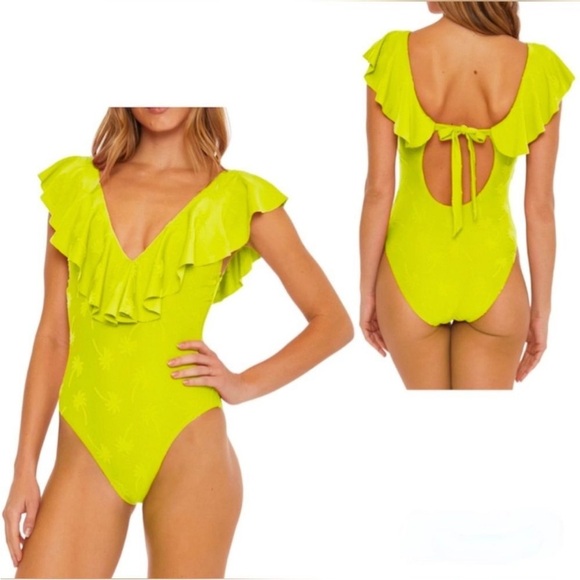 NWOT Trina Turk Sway Ruffle Plunge One Piece Swimsuit Neon Yellow Palm Tree 8 - Picture 1 of 11